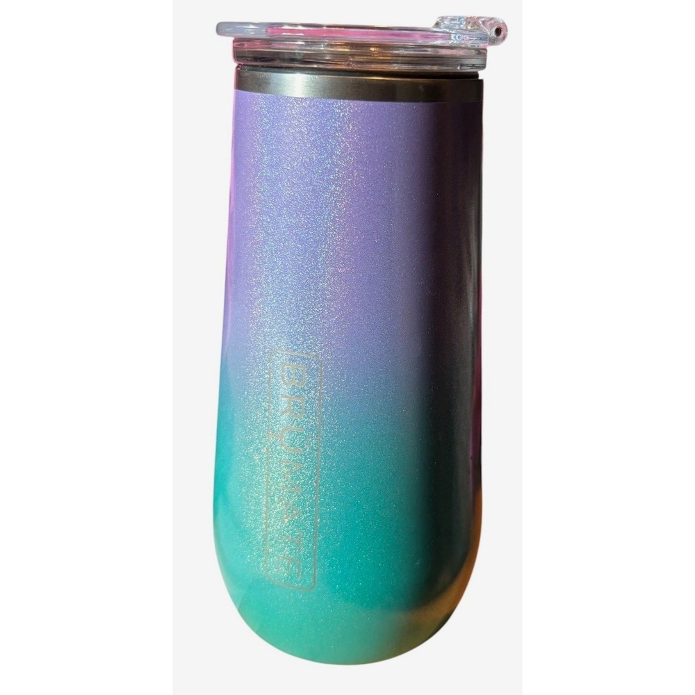 BruMate Champagne Flute Unisex 12oz Purple Teal Glitter Ombre Insulated Tumbler